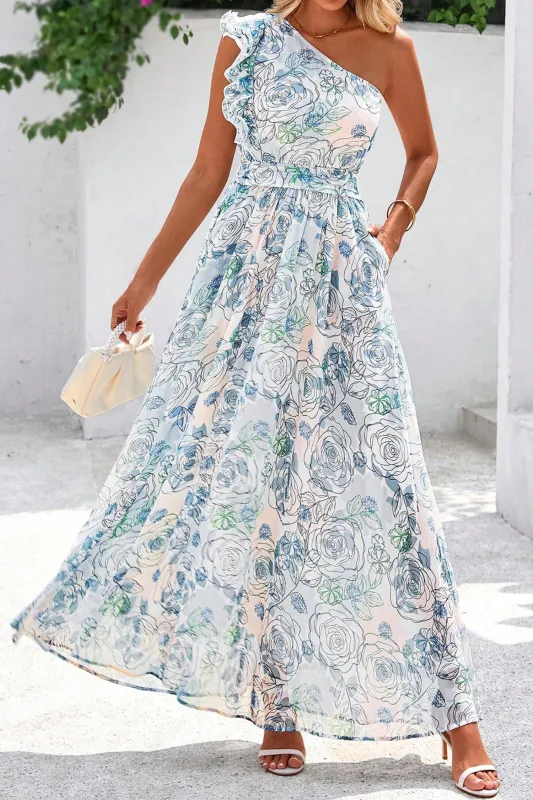 Sky Blue Floral Print Ruffled One Shoulder Maxi Dress made by eAura
