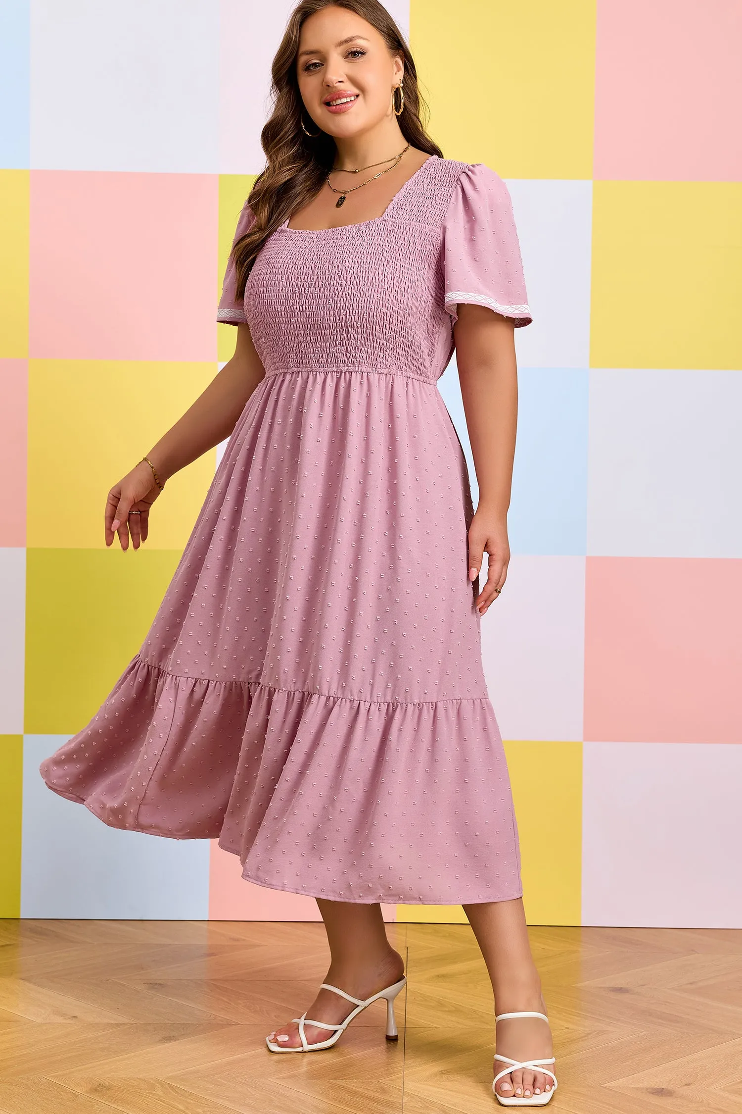 Plus Size Swiss Dot Smocked High Waist Flowy Midi Dress – Pink sold by Beagle Boutique product image thumbnail 3