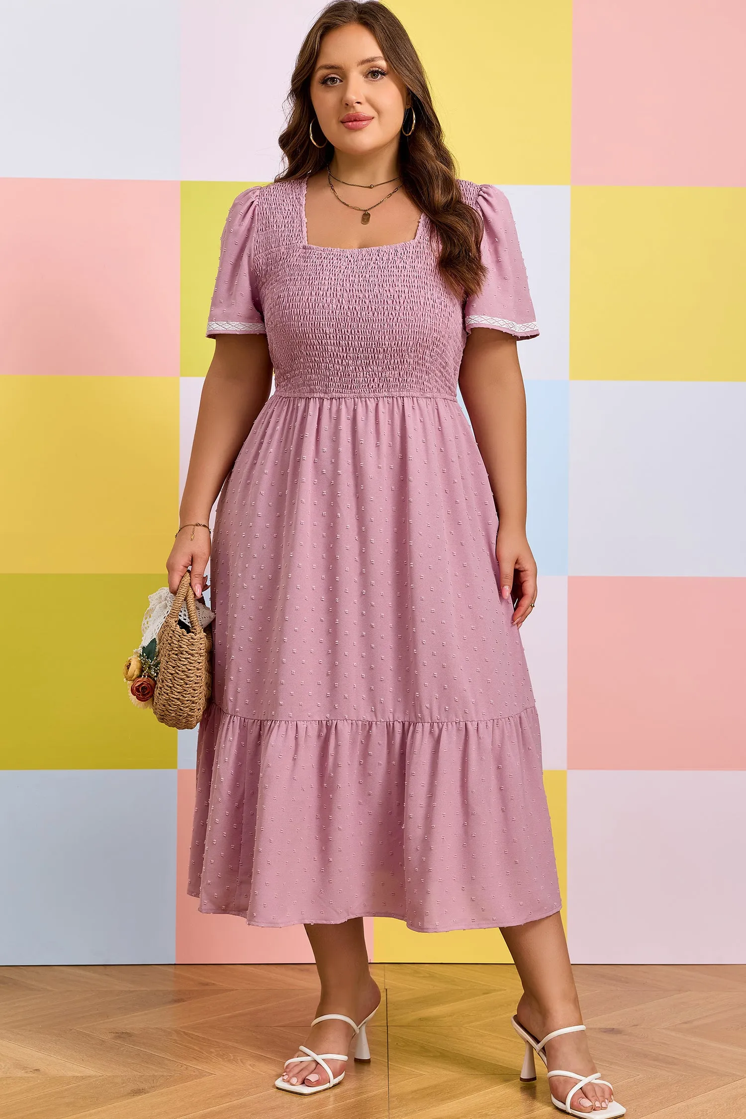 Plus Size Swiss Dot Smocked High Waist Flowy Midi Dress – Pink sold by Beagle Boutique product image thumbnail 5