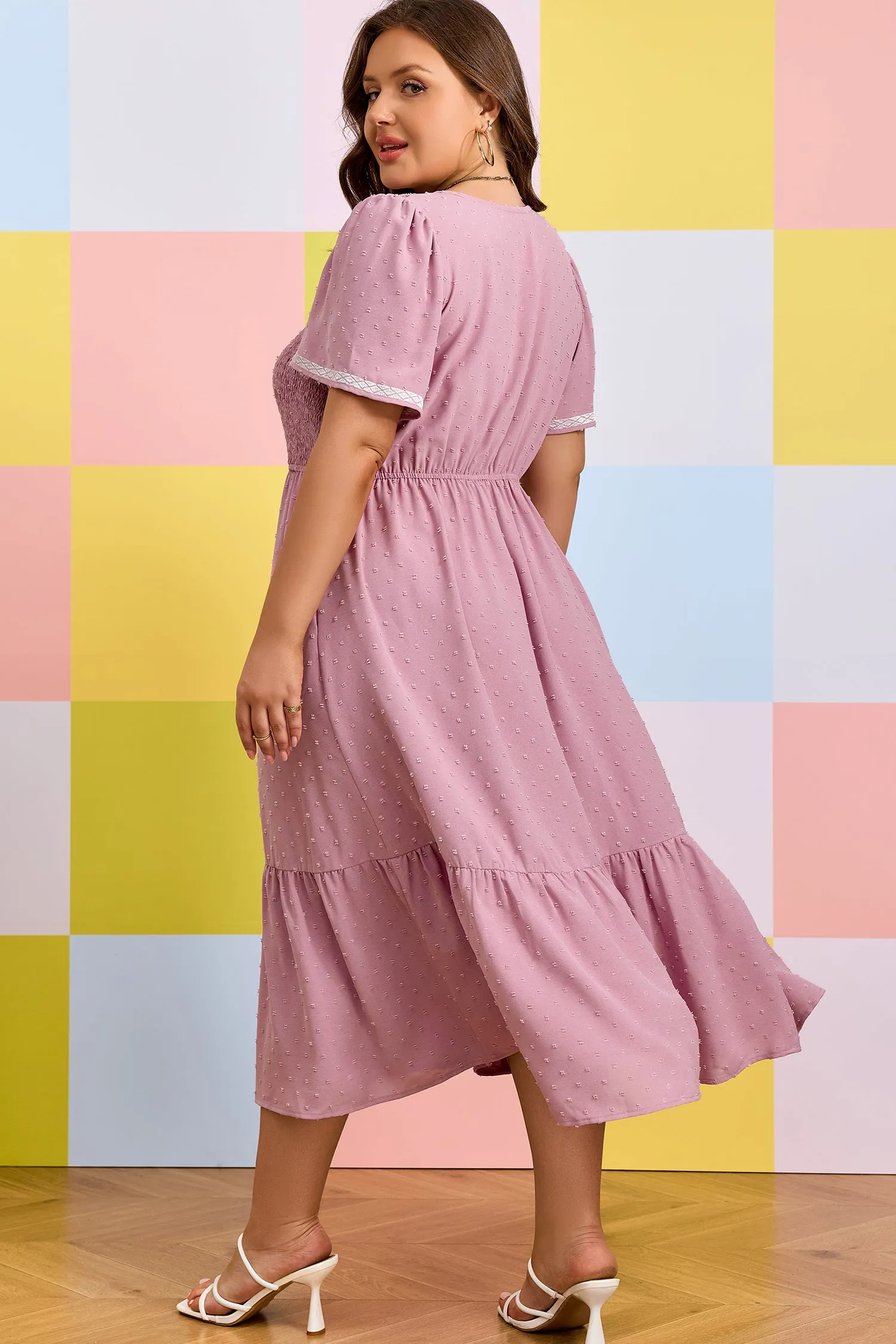 Plus Size Swiss Dot Smocked High Waist Flowy Midi Dress – Pink sold by Beagle Boutique product image thumbnail 2