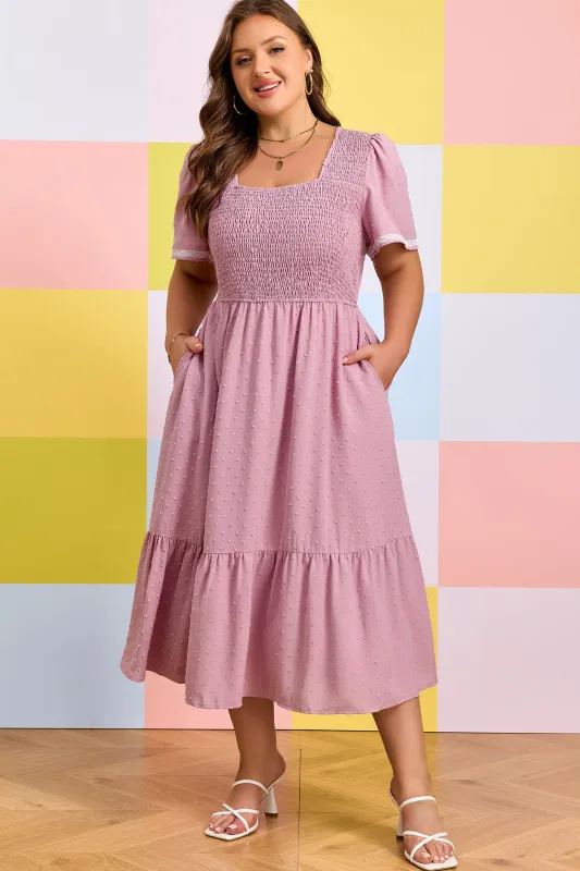 Plus Size Swiss Dot Smocked High Waist Flowy Midi Dress – Pink made by eAura