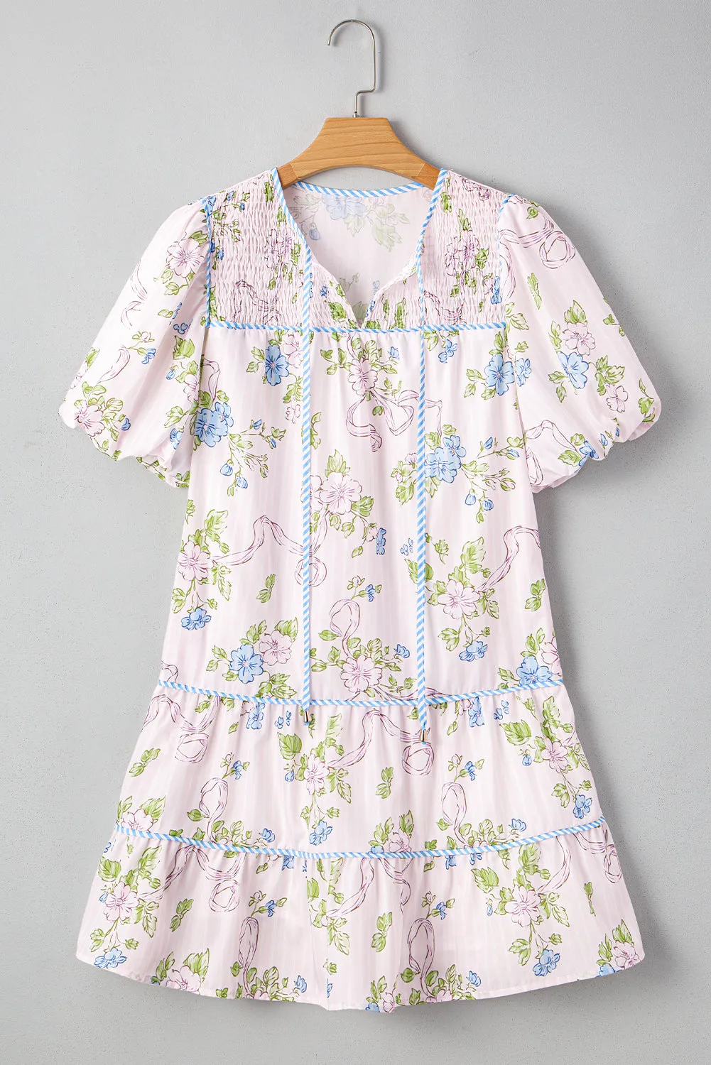 Floral Striped Print Contrast Trim Tie Split Neck Mini Dress sold by Beagle Boutique product image thumbnail 5