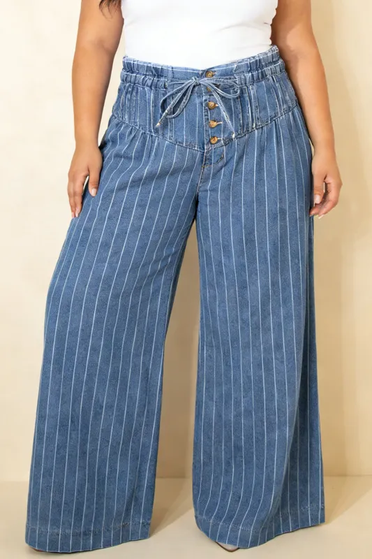 Sky Blue Stripe Plus Size Buttoned Loose Wide Leg Denim Pants made by eAura