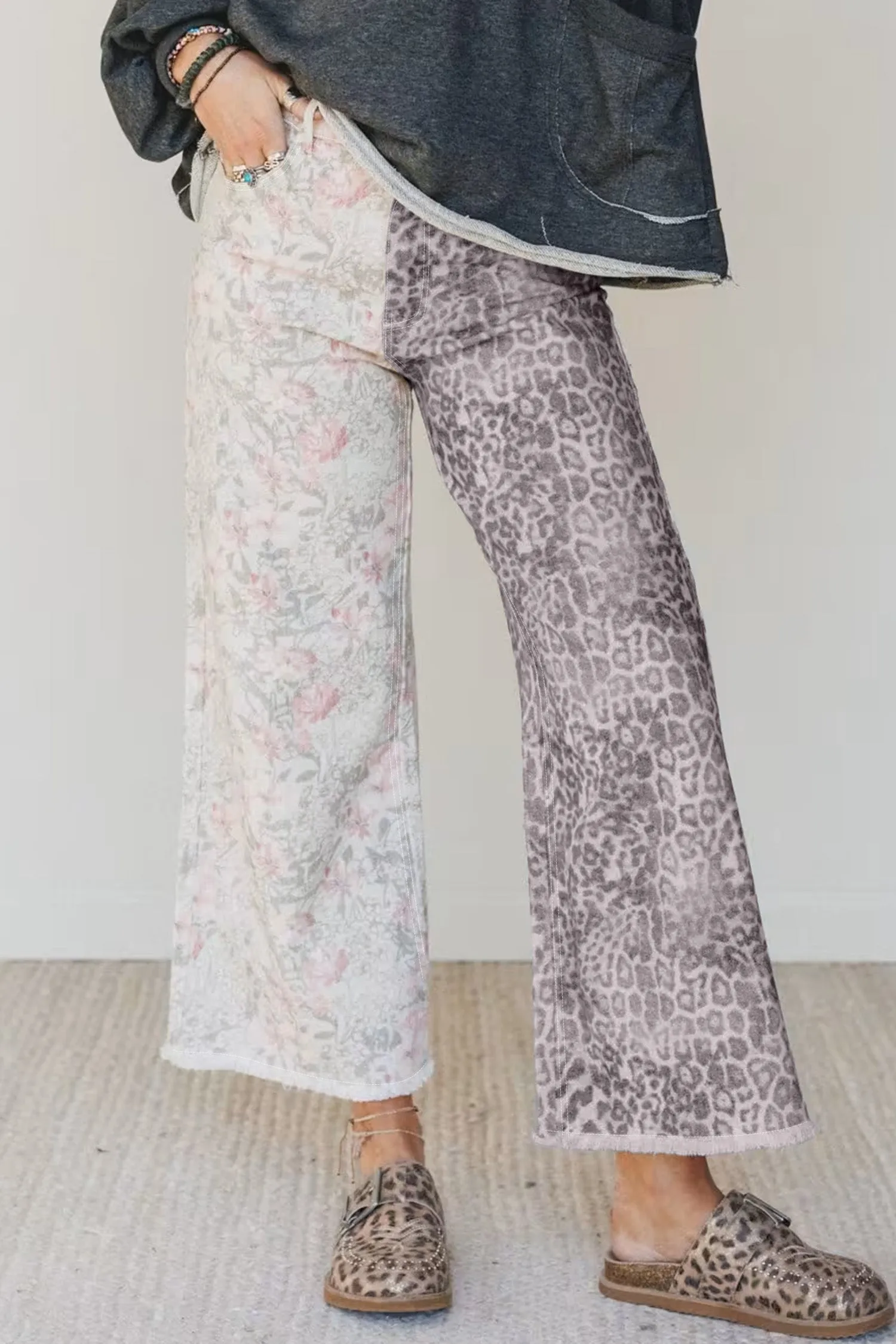 Multicolour Retro Floral Leopard Contrast Patchwork Raw Hem Jeans sold by Beagle Boutique product image thumbnail 4