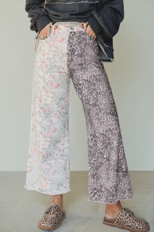 Multicolour Retro Floral Leopard Contrast Patchwork Raw Hem Jeans made by eAura