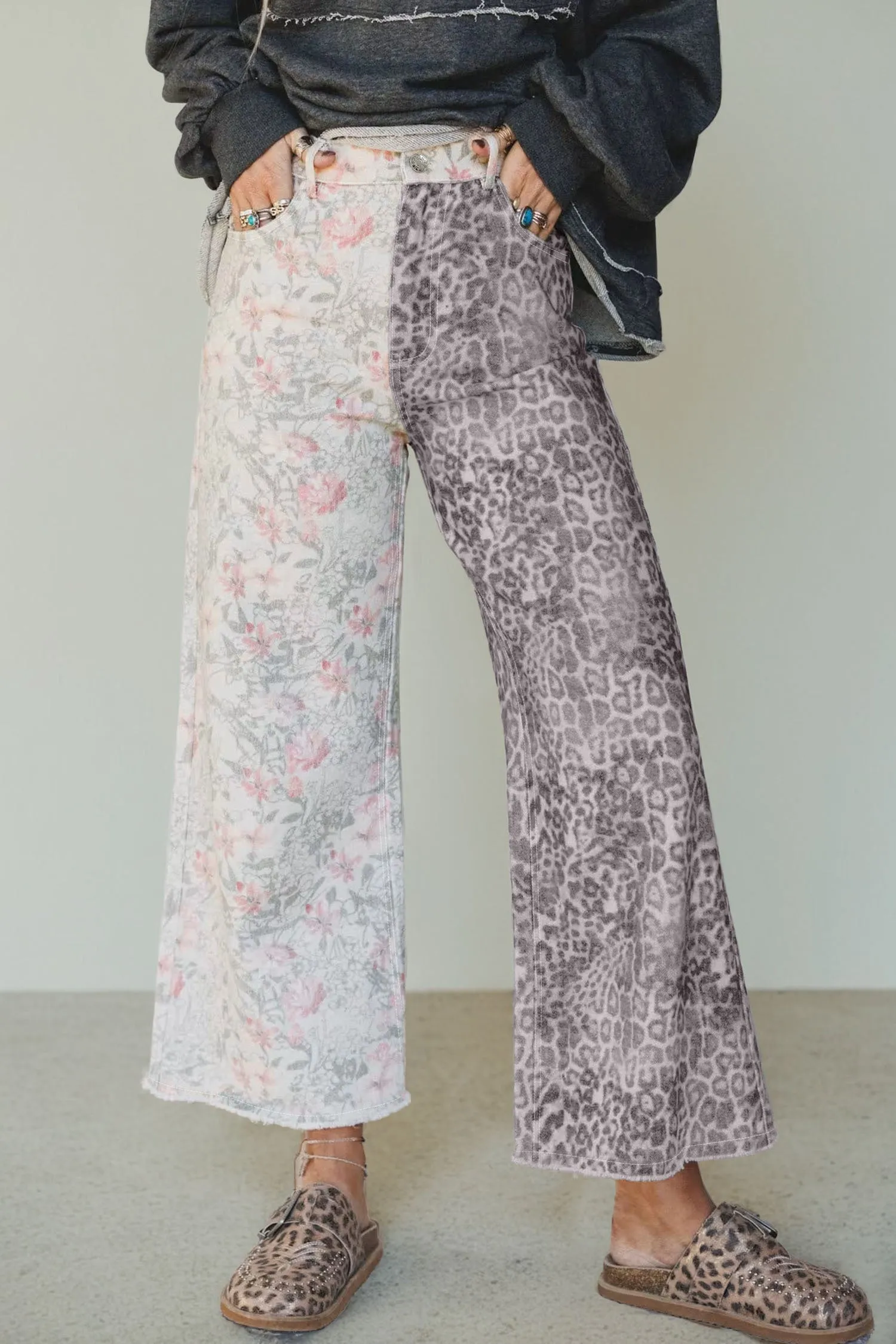 Multicolour Retro Floral Leopard Contrast Patchwork Raw Hem Jeans sold by Beagle Boutique