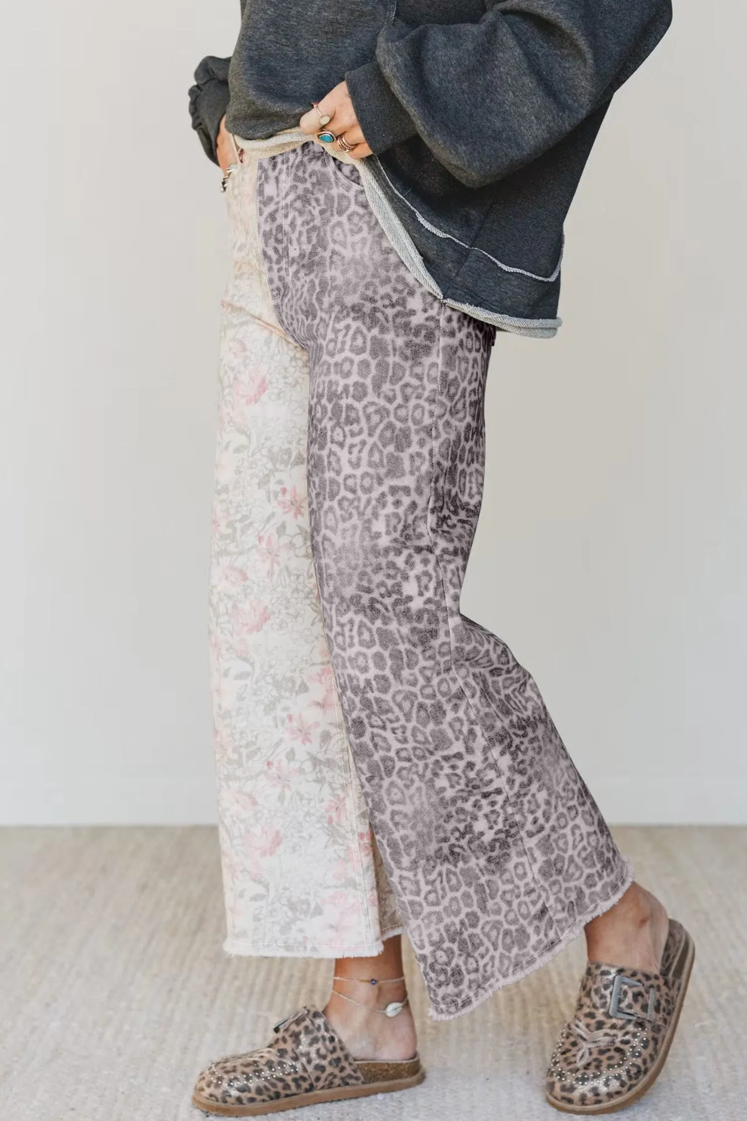 Multicolour Retro Floral Leopard Contrast Patchwork Raw Hem Jeans sold by Beagle Boutique product image thumbnail 3