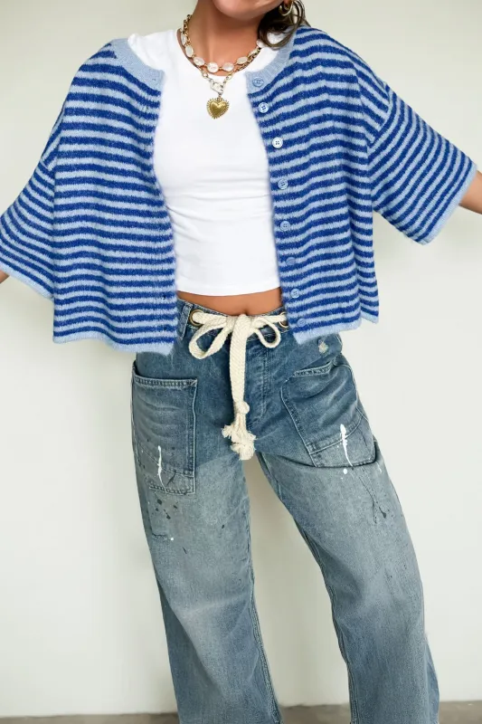 Blue Stripe Loose Half Sleeve Knit Button Down Sweater Cardigan made by eAura