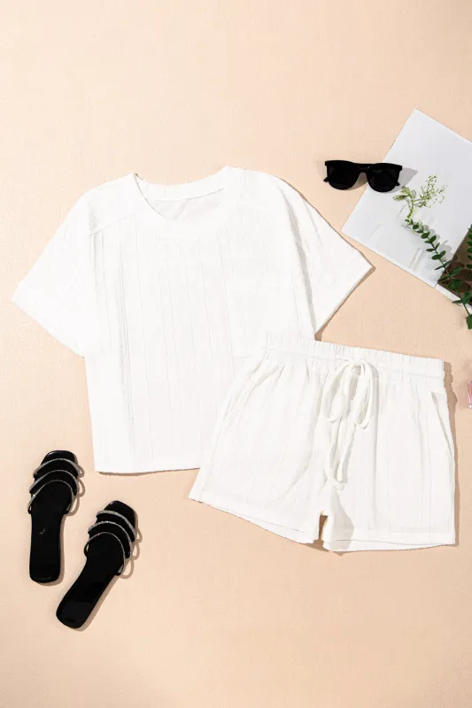 Textured Patched Pocket Short Sleeve Top & Drawstring Shorts Co-ord Set made by Beagle Boutique