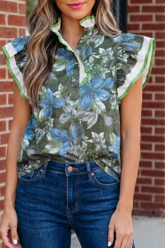 Ruffled Short Sleeve Floral Summer Blouse – Green made by Beagle Boutique