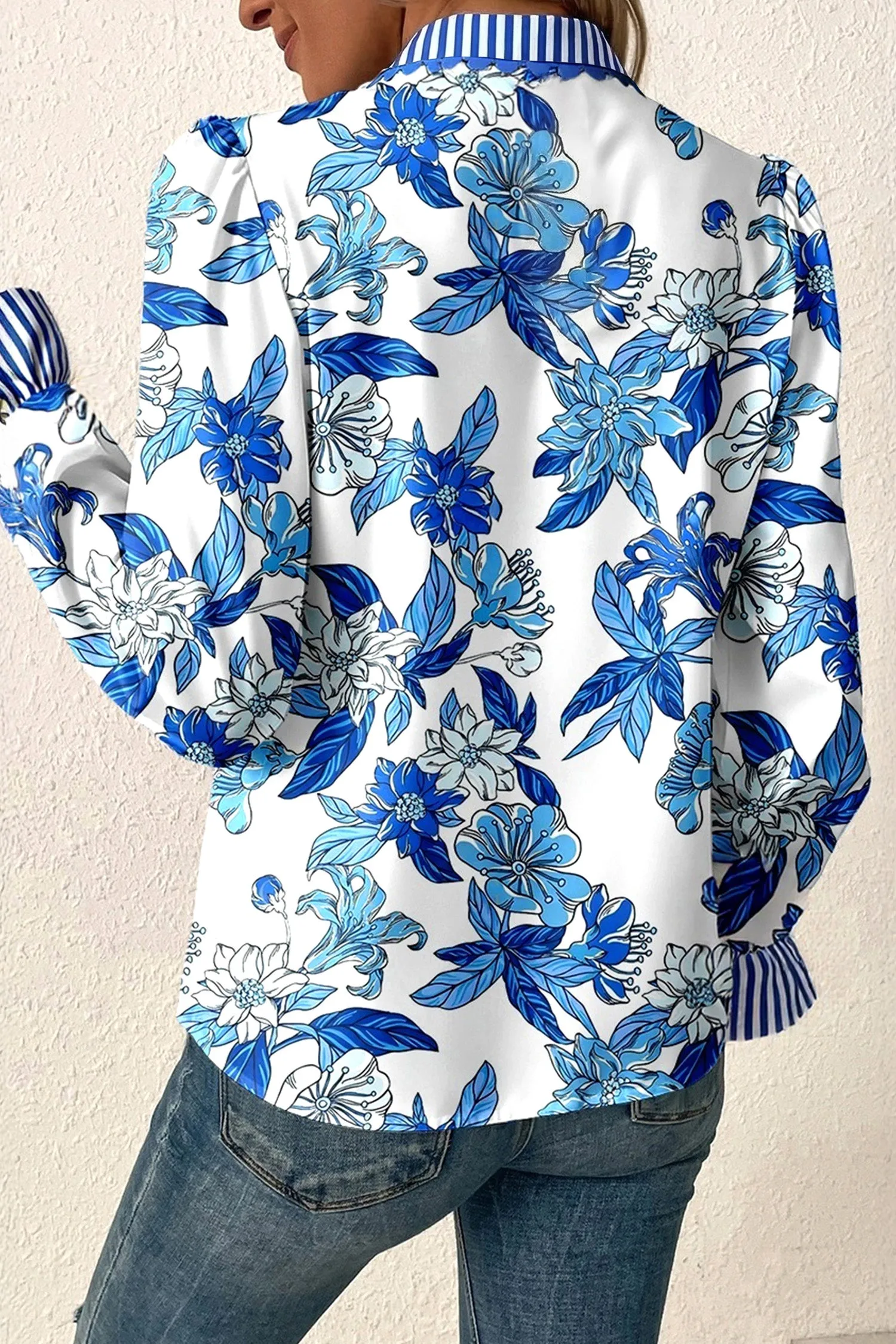 Floral Print Striped Patchwork Long Flounce Sleeve Ricrac Trim V Neck Blouse – Sky Blue sold by Beagle Boutique product image thumbnail 2