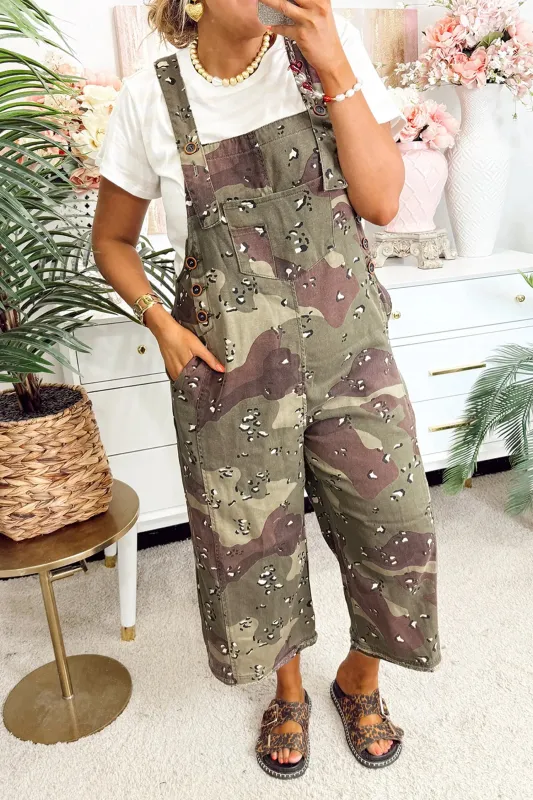 Camouflage Print Leopard Detail Loose Denim Overall Cropped Jumpsuit – Green made by Beagle Boutique