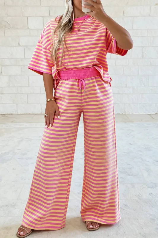 Colourblock Trim Crew Neck Loose Tee Drawstring Elastic Waist 2pcs Pant Set – Pink Stripe made by Beagle Boutique