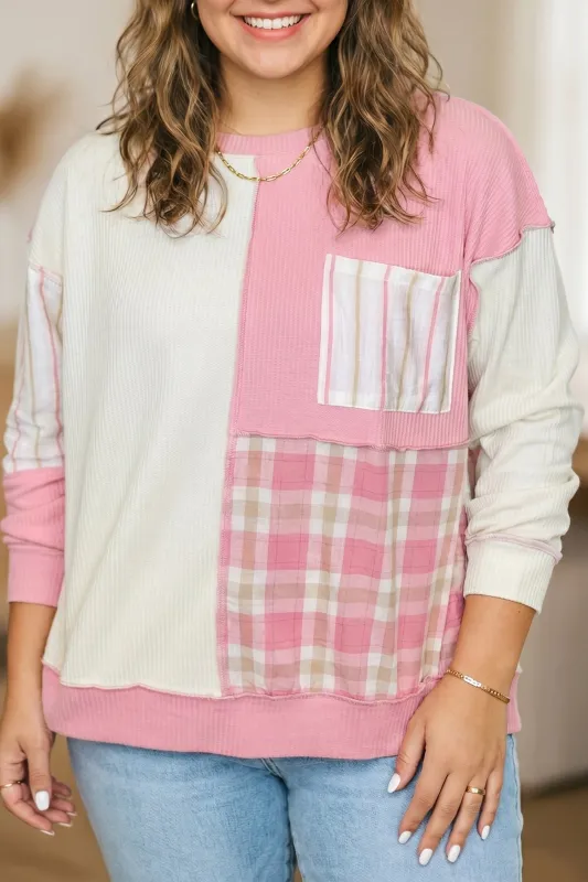 Colourblock Plaid Panel Long Sleeve Plus Size Blouse – Pink made by Beagle Boutique