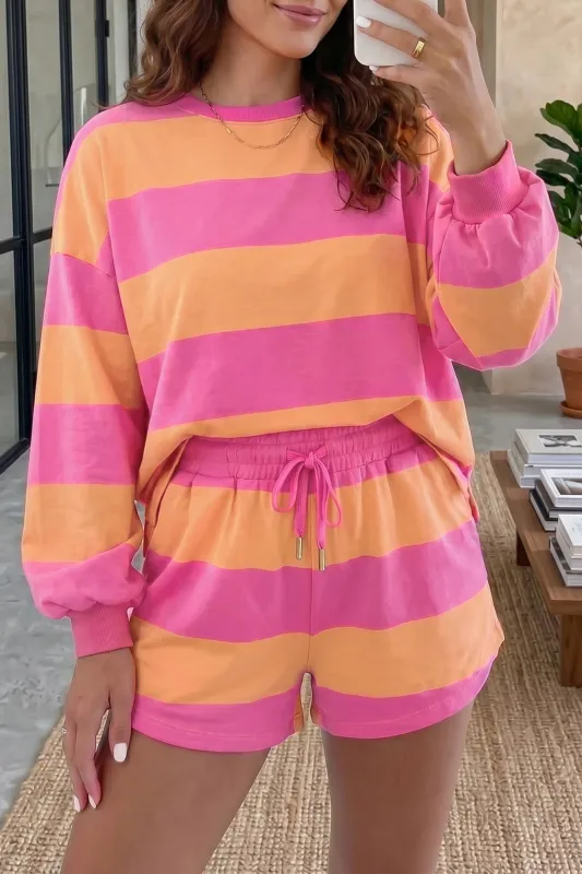 Long Sleeve Casual Top Drawstring Shorts 2pcs Set – Pink Stripe made by Beagle Boutique