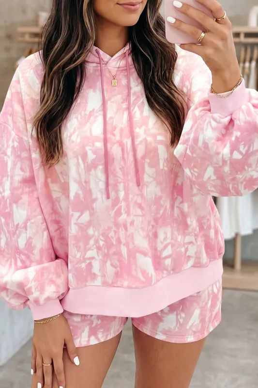 Abstract Print Loose Hoodie Slim Shorts 2pcs Set – Pink made by Beagle Boutique