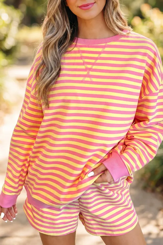 Colour Block Trim Round Neck Long Sleeve Top Casual Shorts 2pcs Set – Yellow Stripe made by Beagle Boutique