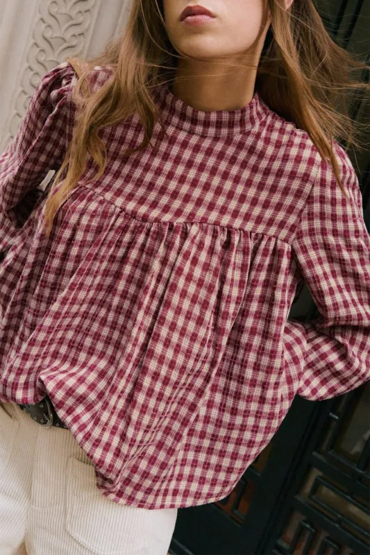 Country Plaid Long Sleeve Button Keyhole Pleated Loose Blouse – Coral made by Beagle Boutique
