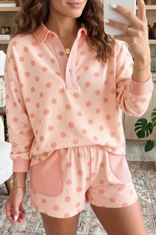 Polka Dot Drop Shoulder Polo Loose Pullover Patch Pocket Casual Shorts Set – Pink made by Beagle Boutique