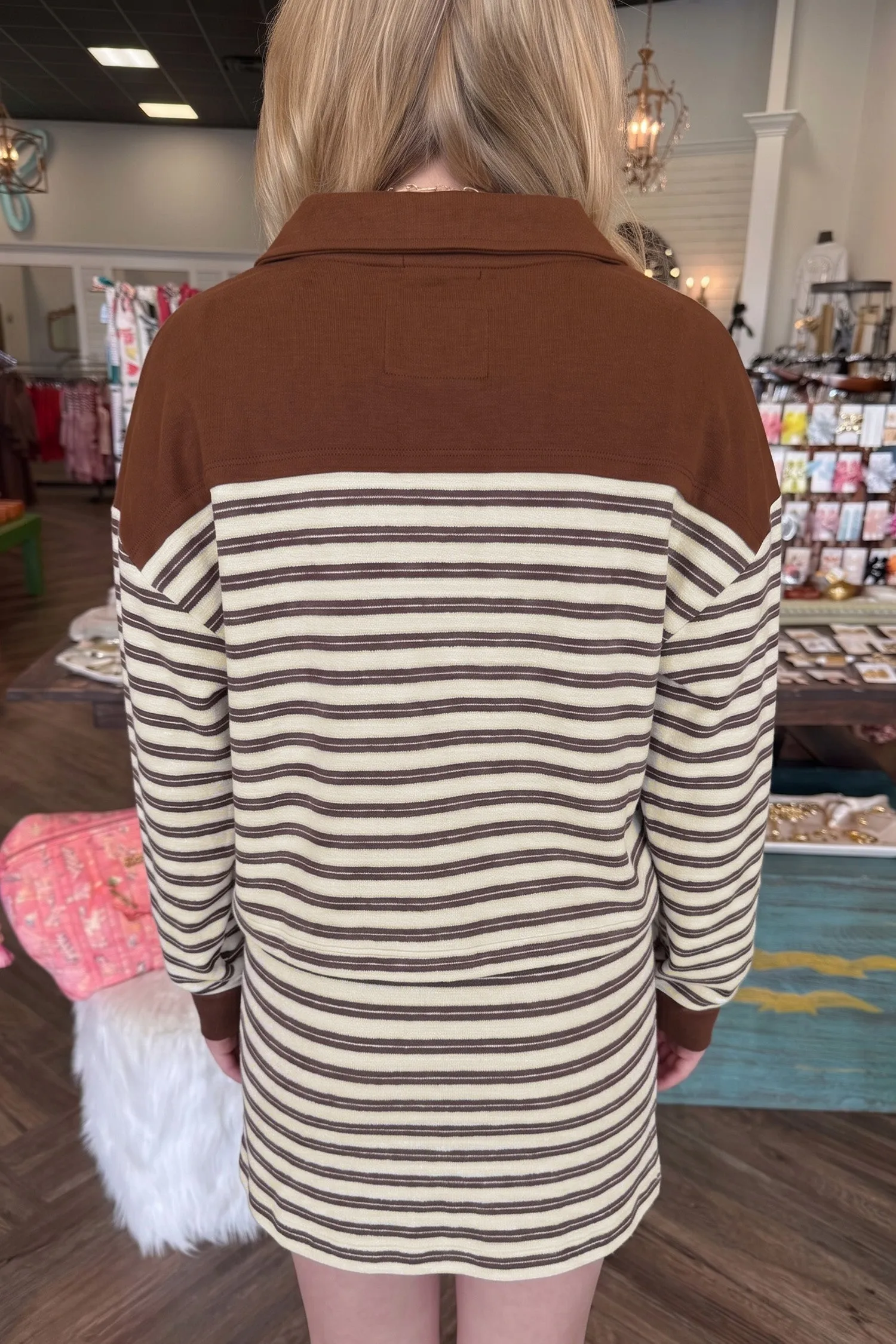 Contrast Trim Button Neck Long Sleeve Top Drawstring Mini Skirt Set – Brown Stripe sold by Beagle Boutique product image thumbnail 5