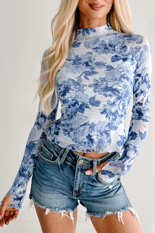 Sky Blue Floral Print Long Sleeve Stand Neck Mesh Top – Light Blue made by Beagle Boutique