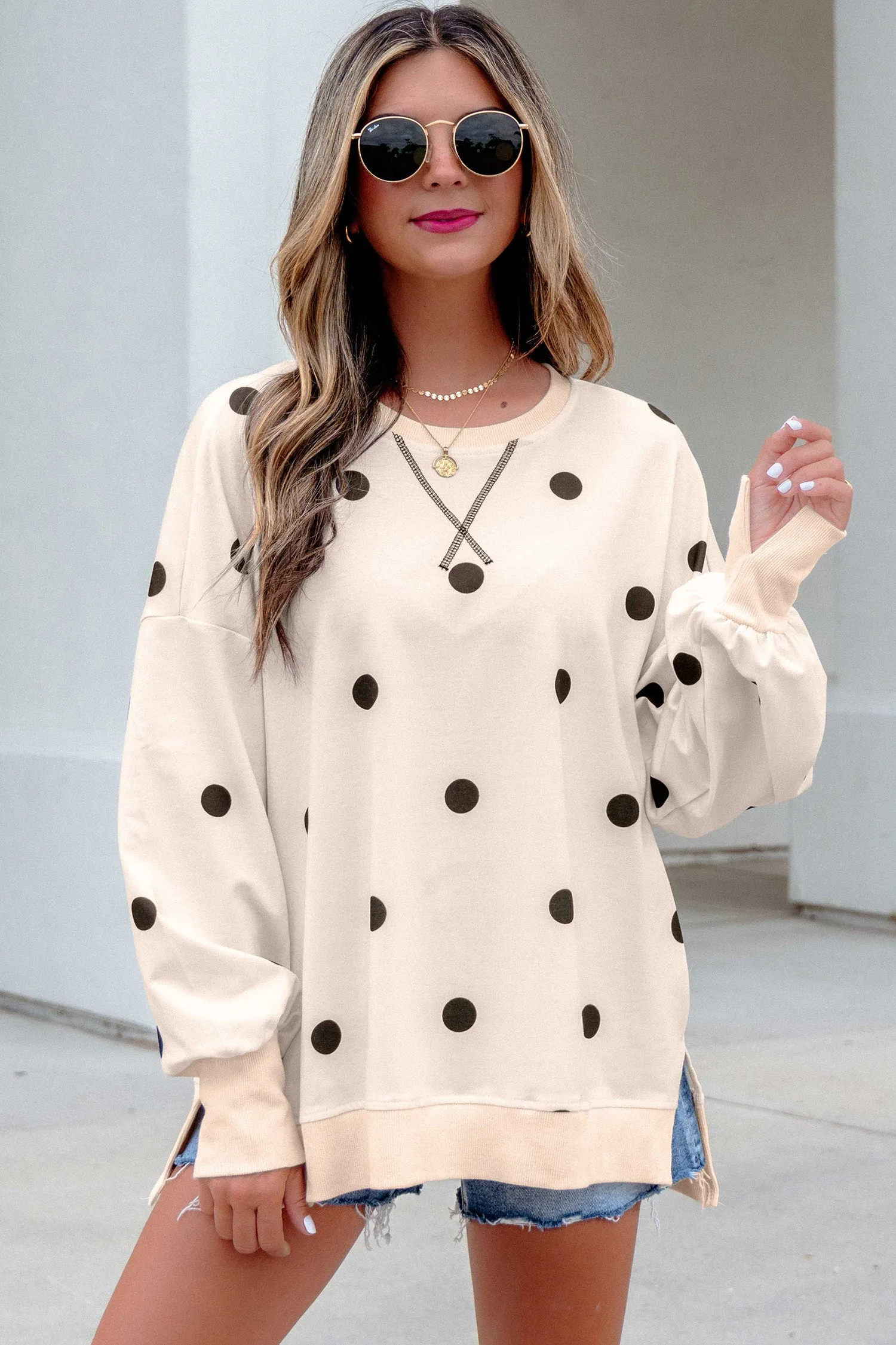 Loose-fit Long Sleeve Round Neck Polka Dot Tunic Sweatshirt – Beige sold by Beagle Boutique product image thumbnail 4