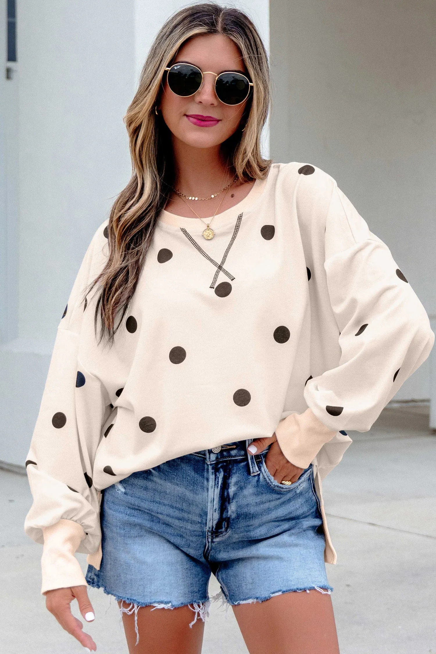 Loose-fit Long Sleeve Round Neck Polka Dot Tunic Sweatshirt – Beige sold by Beagle Boutique product image thumbnail 2