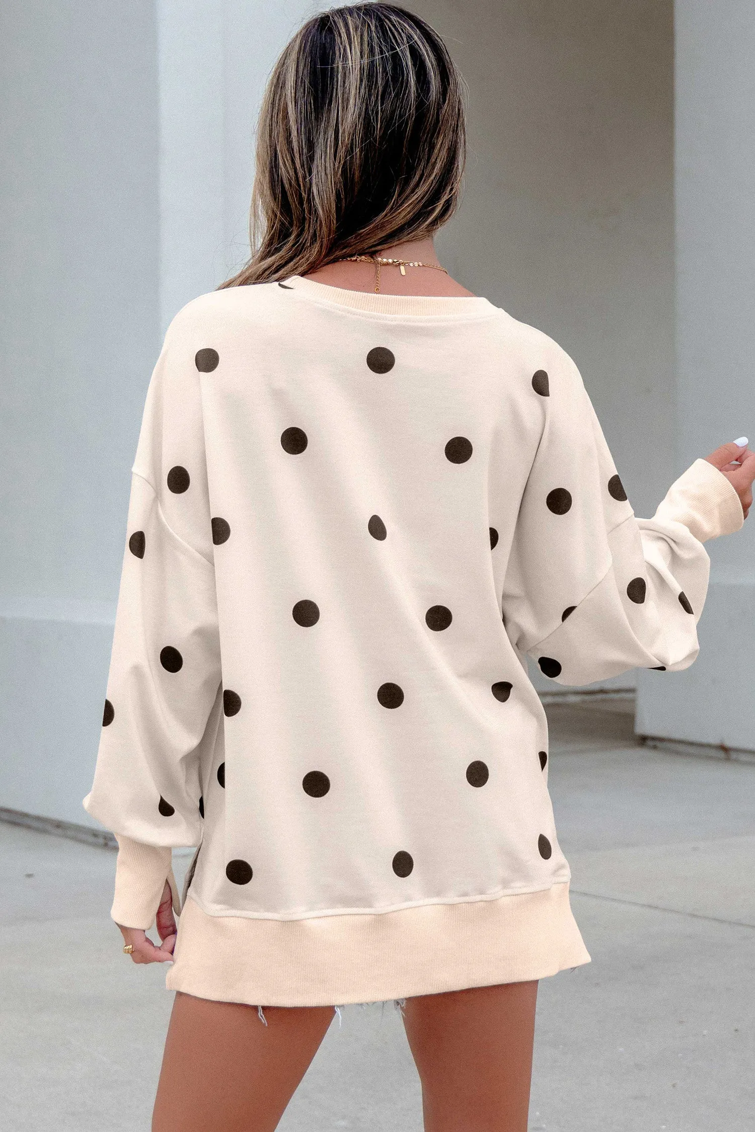Loose-fit Long Sleeve Round Neck Polka Dot Tunic Sweatshirt – Beige sold by Beagle Boutique product image thumbnail 3