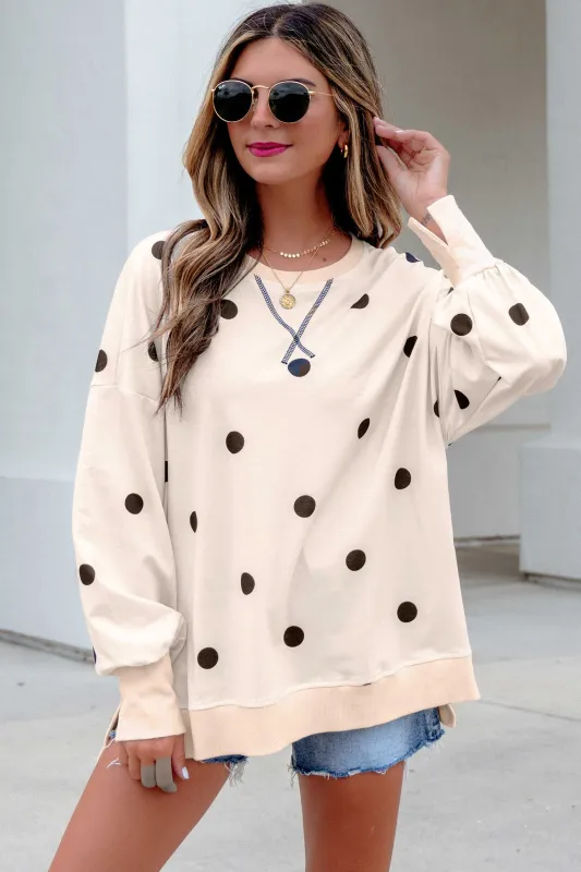 Loose-fit Long Sleeve Round Neck Polka Dot Tunic Sweatshirt – Beige made by Beagle Boutique