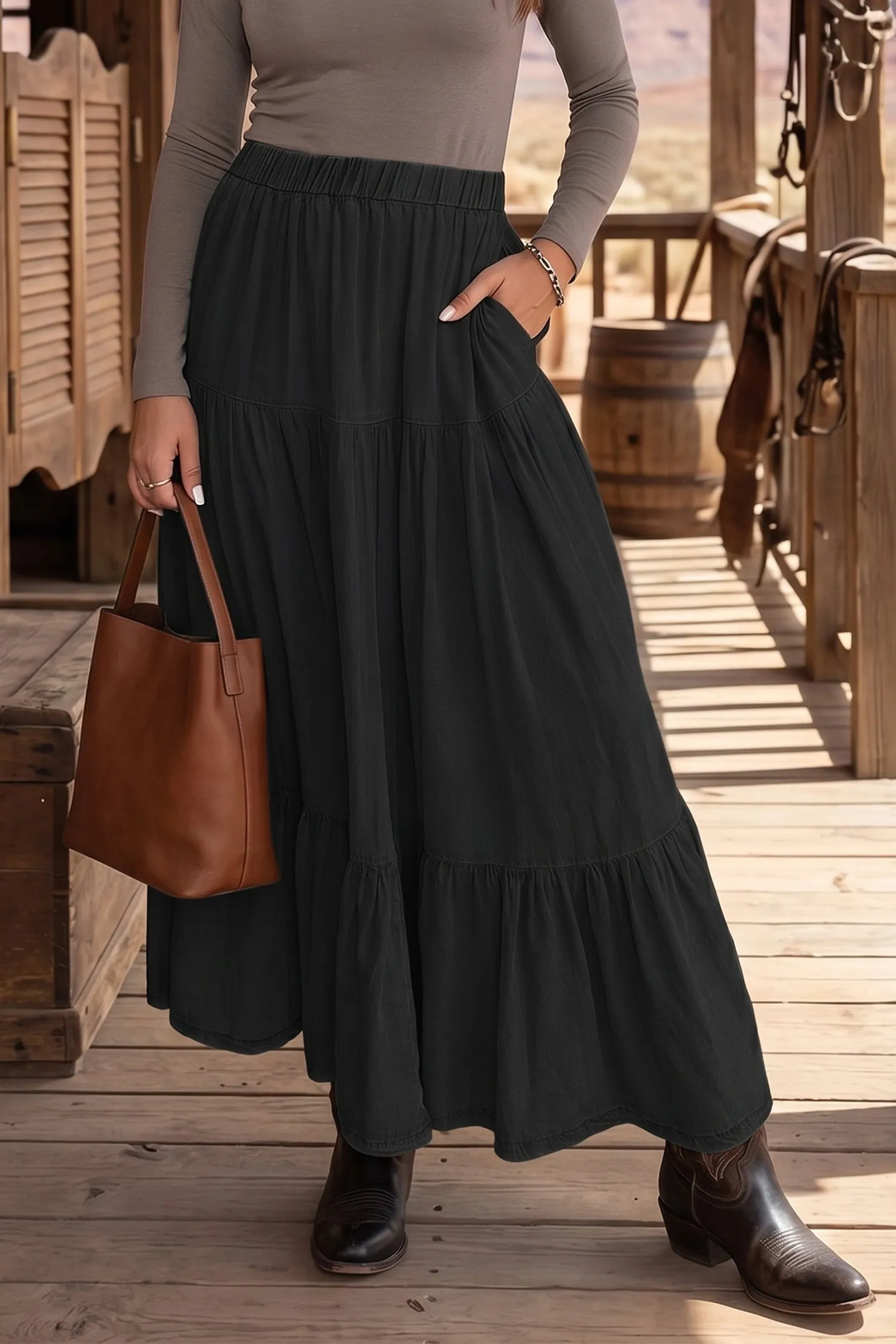 Elastic Waist Ruffled Tiered Flared Denim Maxi Skirt – Black sold by Beagle Boutique product image thumbnail 4