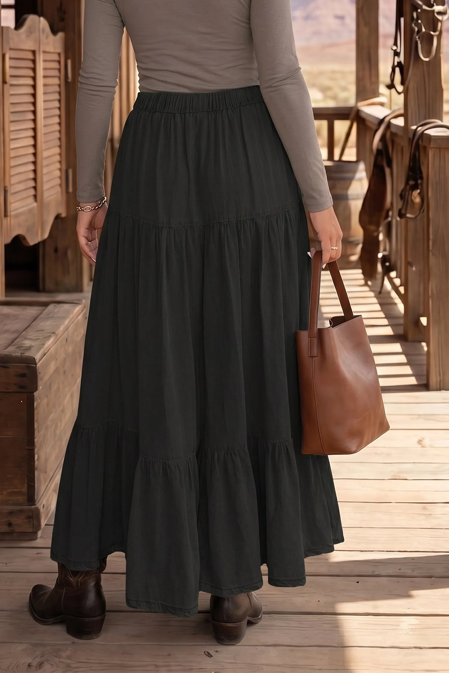 Elastic Waist Ruffled Tiered Flared Denim Maxi Skirt – Black sold by Beagle Boutique product image thumbnail 5