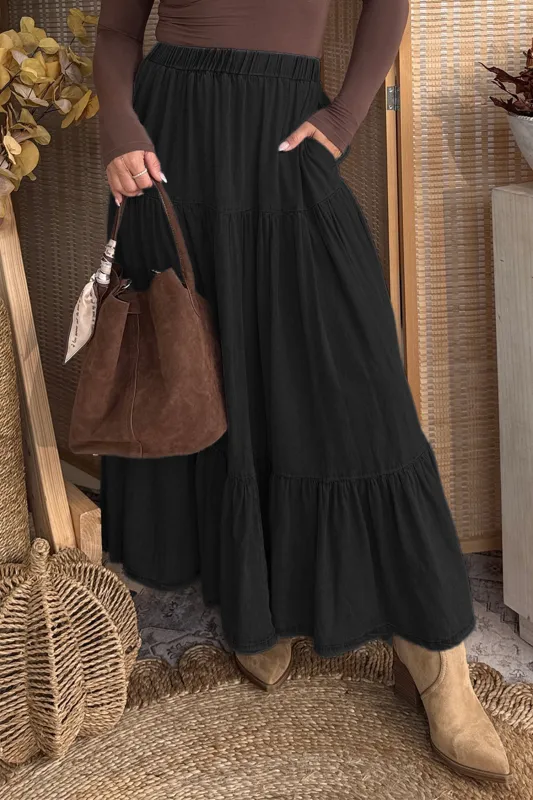 Elastic Waist Ruffled Tiered Flared Denim Maxi Skirt – Black made by Beagle Boutique
