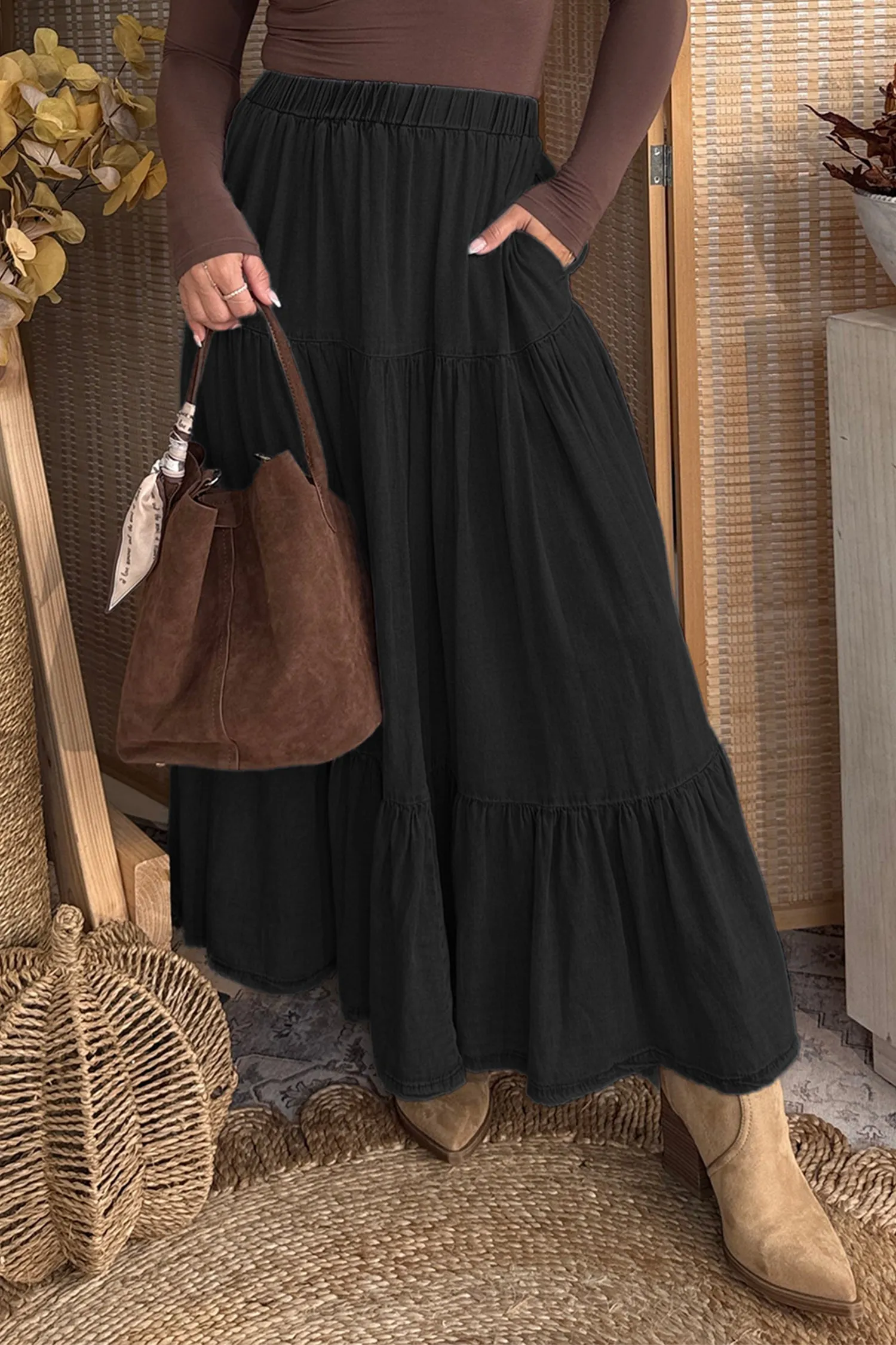 Elastic Waist Ruffled Tiered Flared Denim Maxi Skirt – Black sold by Beagle Boutique