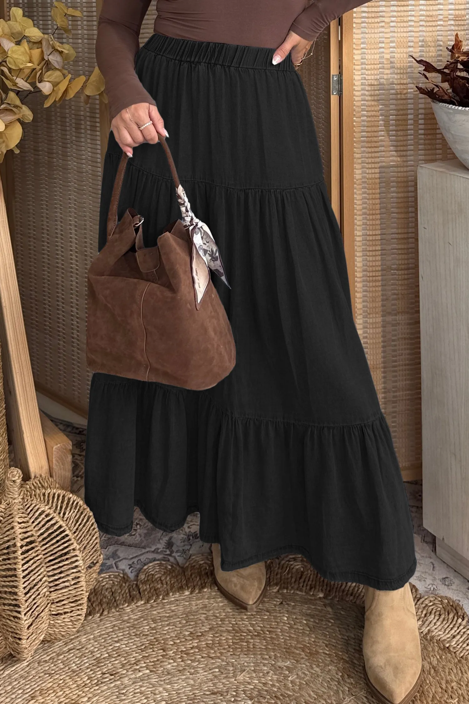 Elastic Waist Ruffled Tiered Flared Denim Maxi Skirt – Black sold by Beagle Boutique product image thumbnail 3