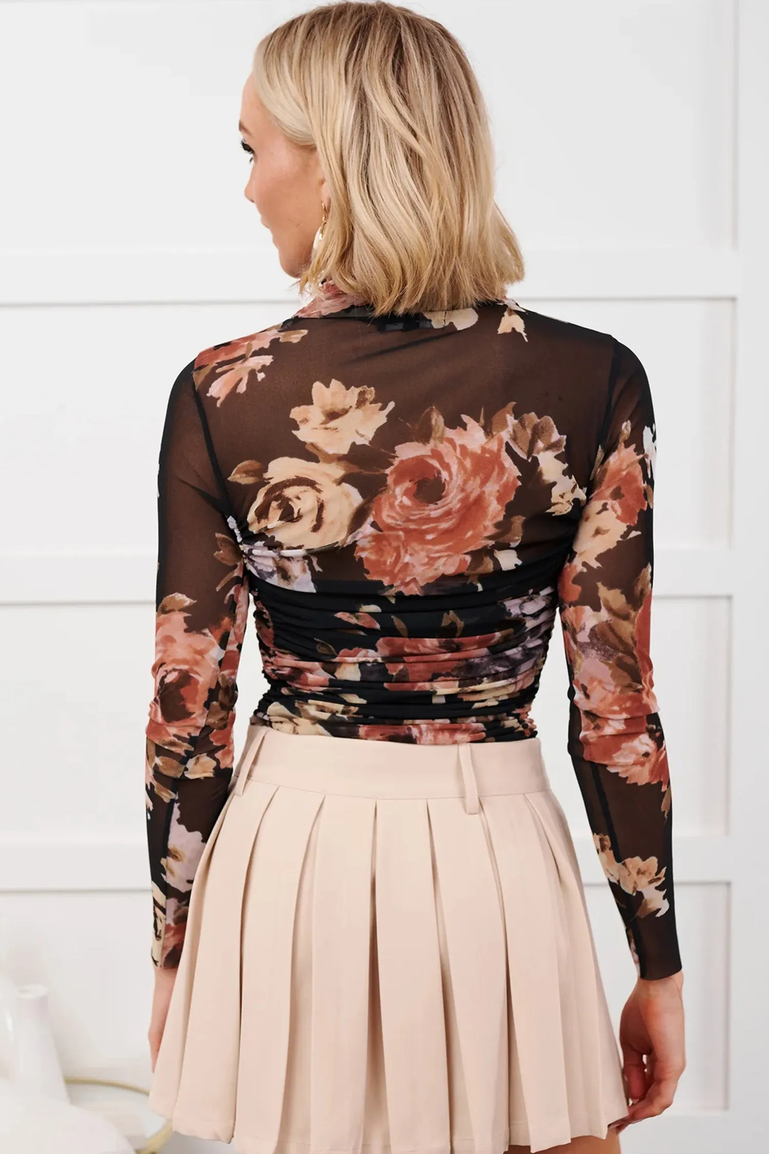 Floral Mesh Long Sleeve High Neck Bodysuit – Brown sold by Beagle Boutique product image thumbnail 4
