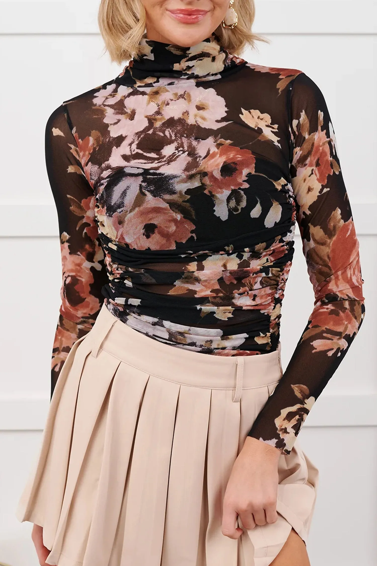 Floral Mesh Long Sleeve High Neck Bodysuit – Brown sold by Beagle Boutique product image thumbnail 3