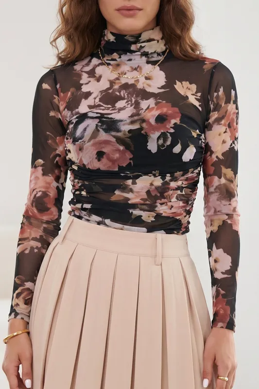Floral Mesh Long Sleeve High Neck Bodysuit – Brown made by Beagle Boutique