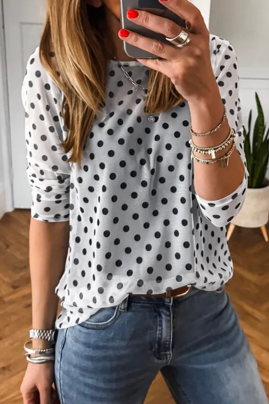 Polka Dot Sheer Mesh Long Sleeve Round Neck Shift Top – Black made by Beagle Boutique
