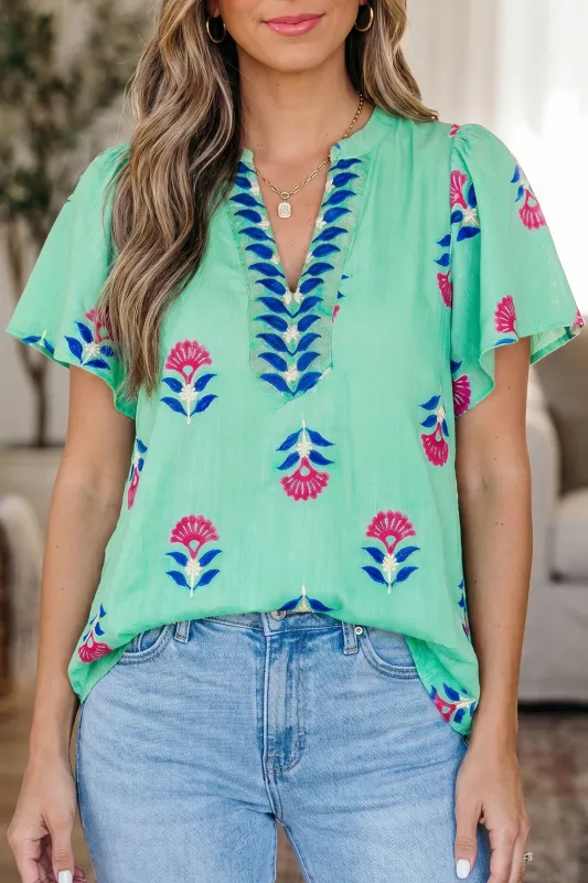 Floral V Neck Flutter Sleeve Blouse – Green made by eAura