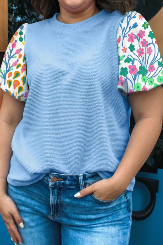 Textured Bodice Contrast Floral Sleeve Plus Size Top – Light Blue made by Beagle Boutique