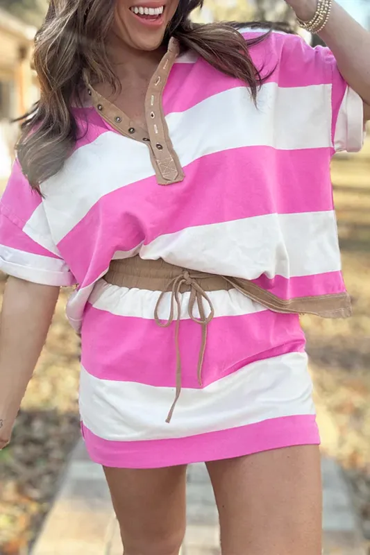 Colourblock Trim Polo Tee Drawstring Mini Skort 2pcs Set – Rose Stripe made by Beagle Boutique