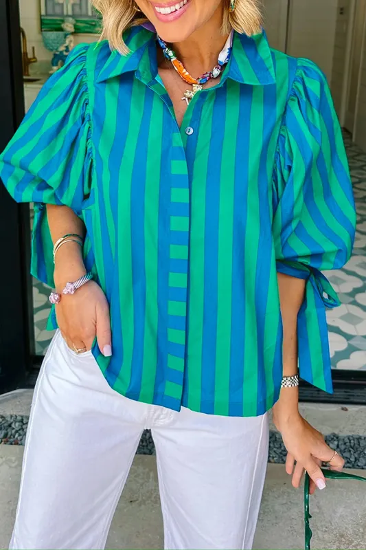 Tie Puff Sleeve Button Down Shirt – Blue Stripe made by Beagle Boutique
