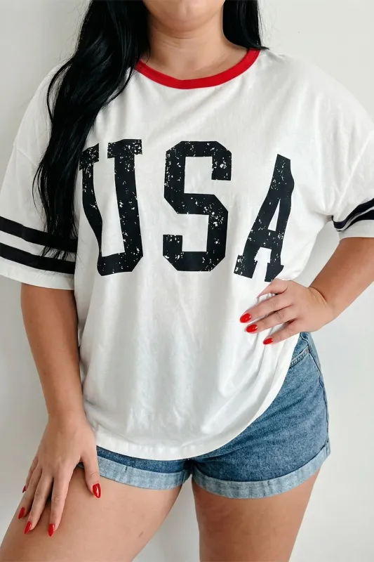 Retro USA Striped Trim Short Sleeve Plus Size Tee – White made by Beagle Boutique