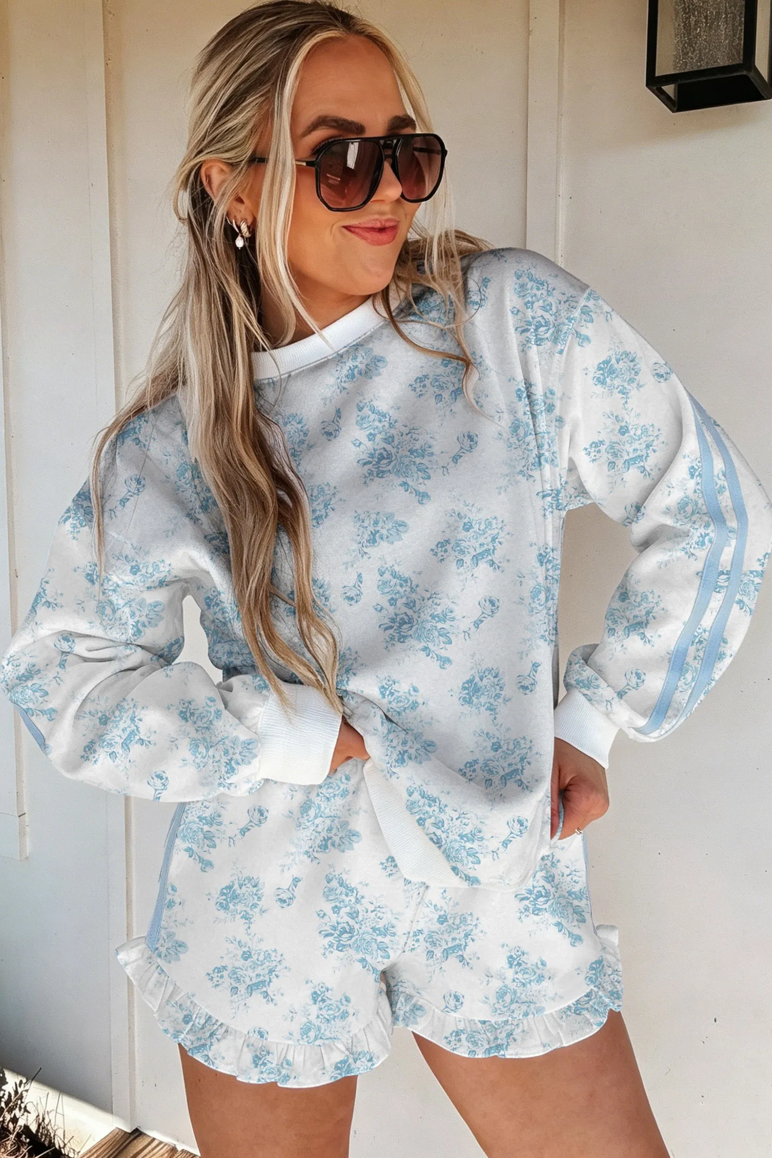 Sky Blue Floral Print Striped Detail Long Sleeve Top Ruffle Hem Shorts 2pcs Set – Light Blue sold by Beagle Boutique product image thumbnail 5