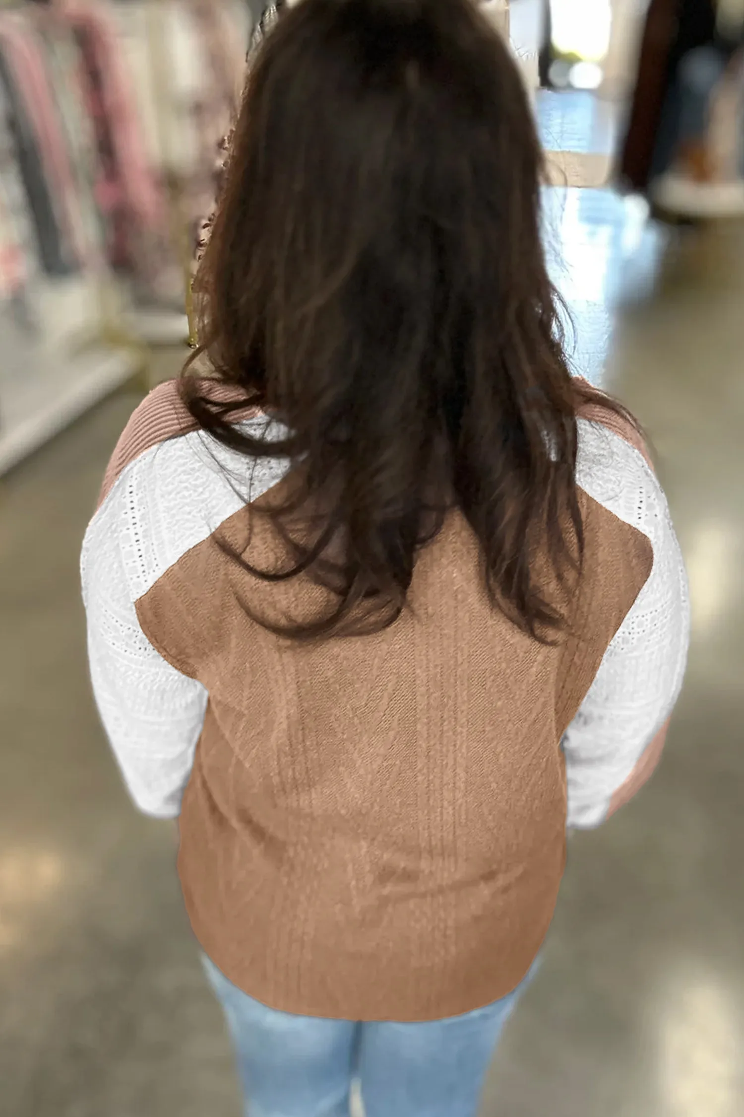 V Neck Lace Sleeve Patchwork Plus Size Blouse – Coffee sold by Beagle Boutique product image thumbnail 2