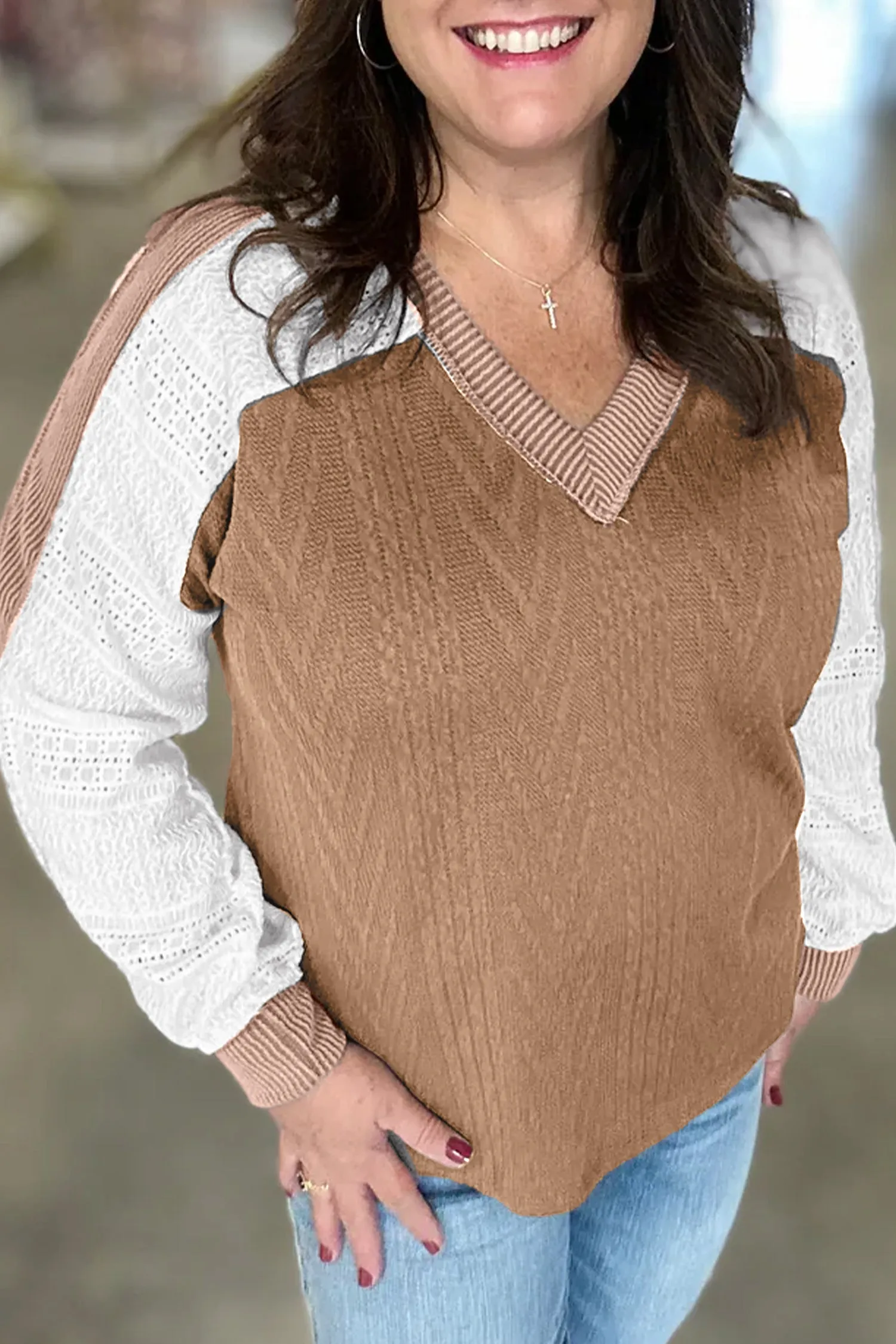 V Neck Lace Sleeve Patchwork Plus Size Blouse – Coffee sold by Beagle Boutique