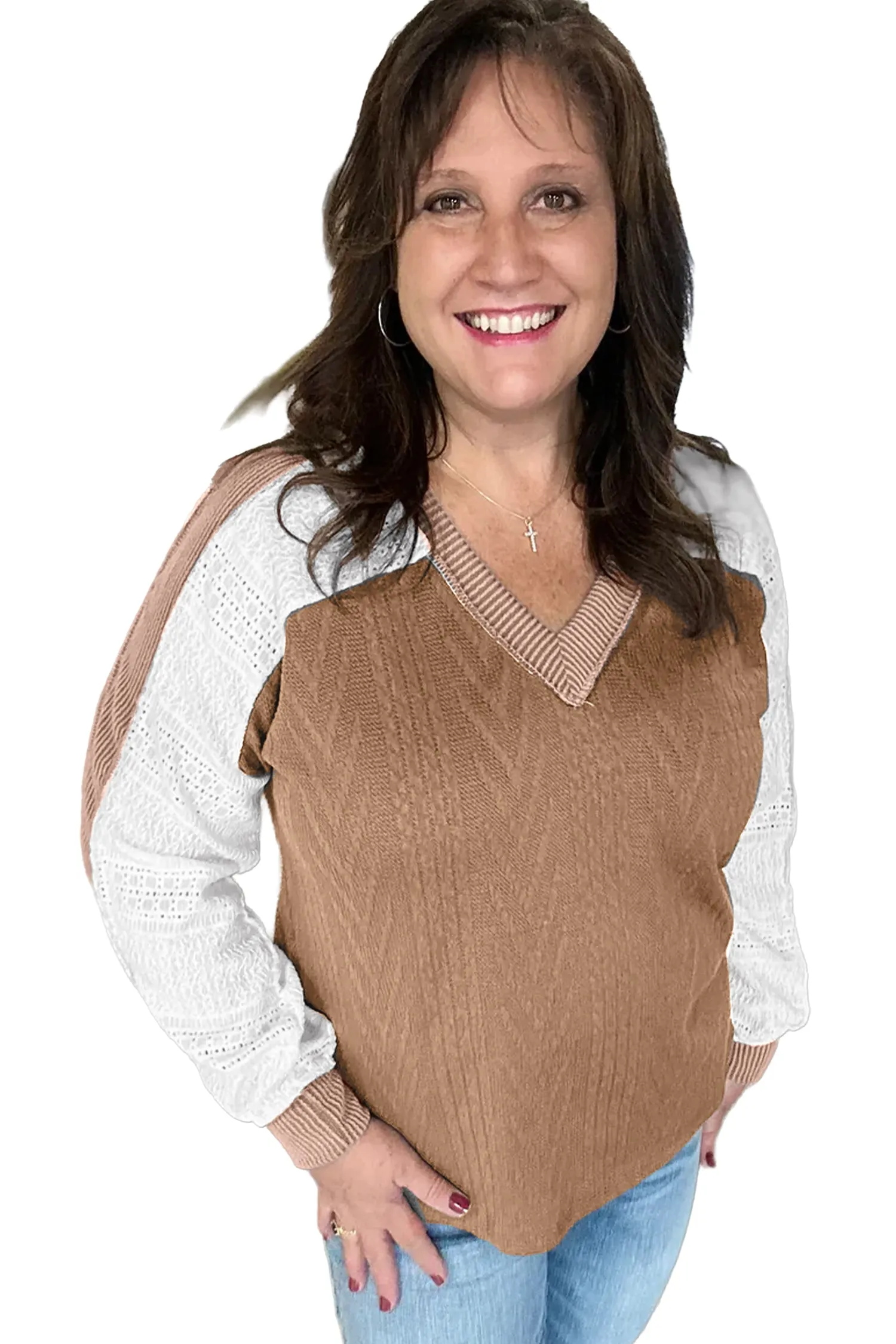 V Neck Lace Sleeve Patchwork Plus Size Blouse – Coffee sold by Beagle Boutique product image thumbnail 4