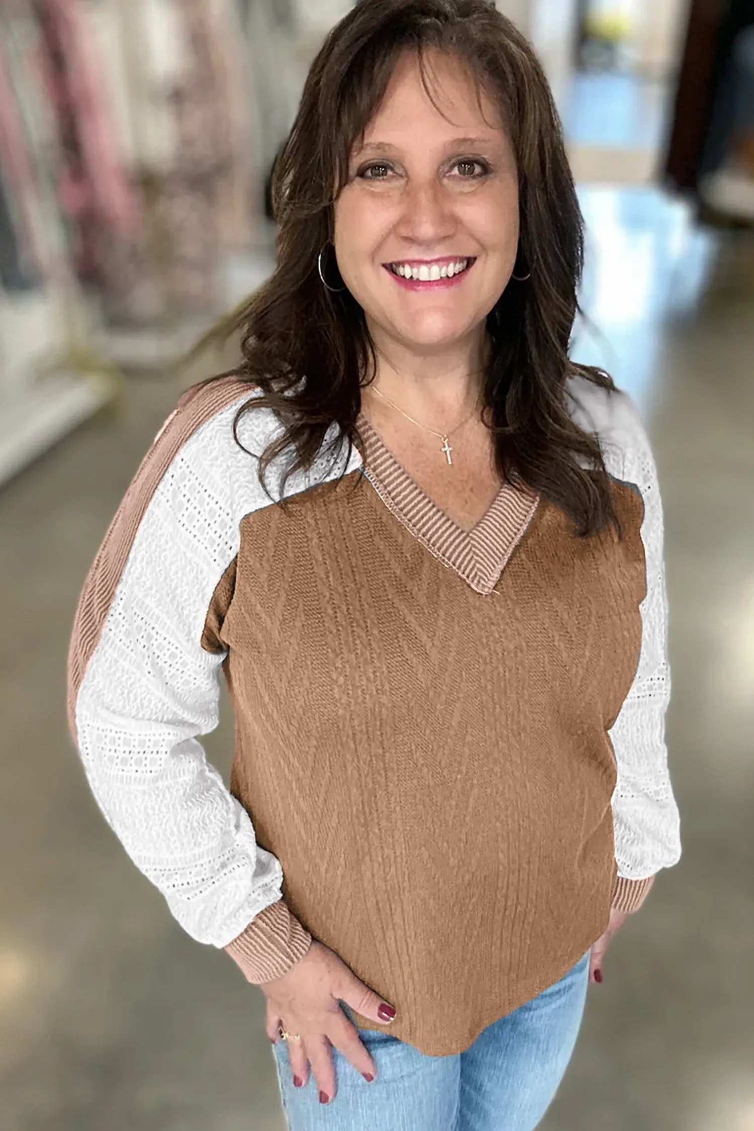V Neck Lace Sleeve Patchwork Plus Size Blouse – Coffee sold by Beagle Boutique product image thumbnail 3