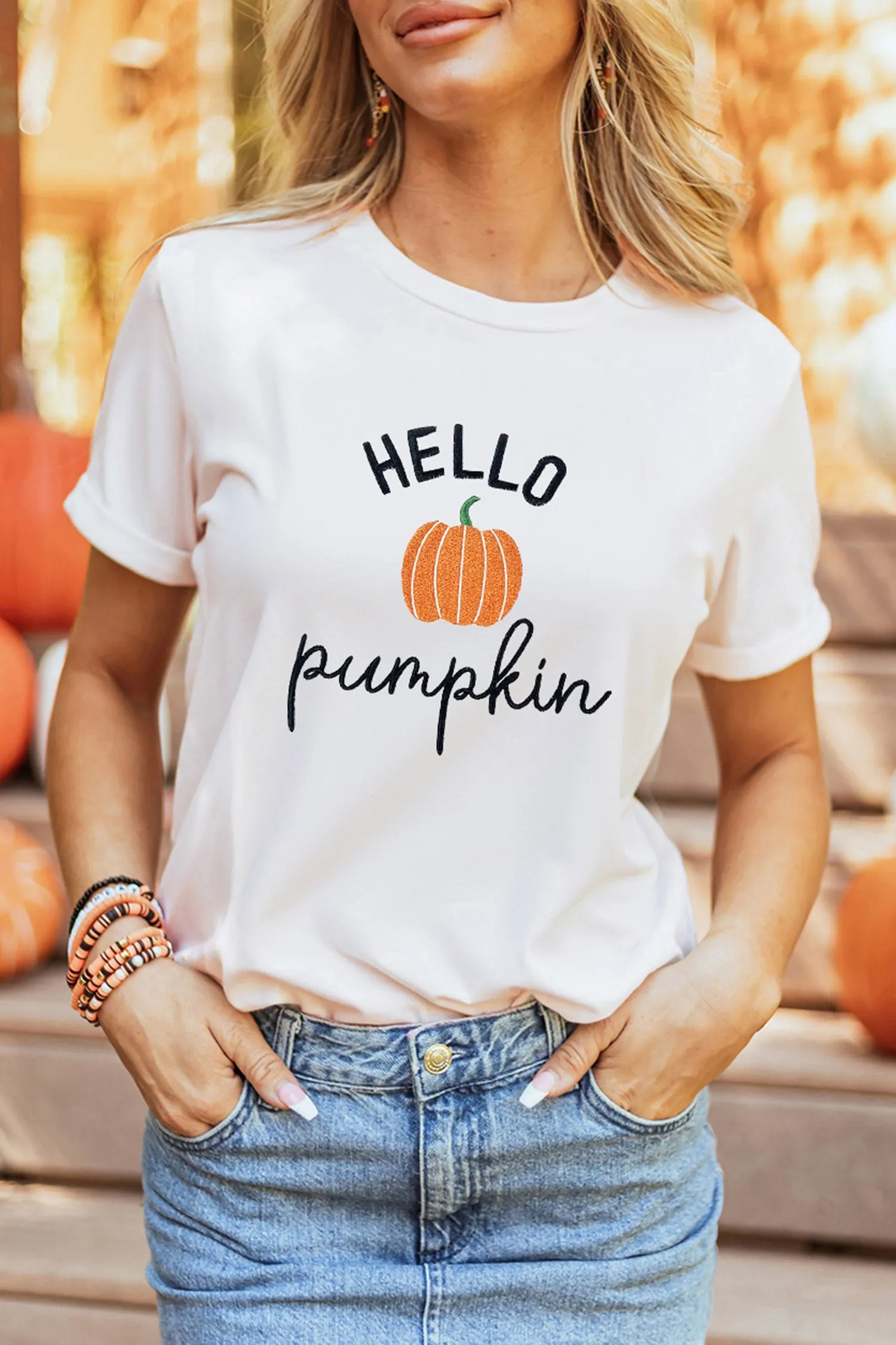 Embroidered Pumpkin Slogan Short Sleeve T-Shirt – White sold by Beagle Boutique product image thumbnail 5