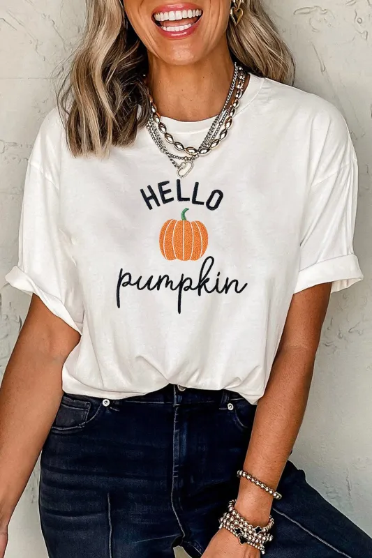 Embroidered Pumpkin Slogan Short Sleeve T-Shirt – White made by Beagle Boutique
